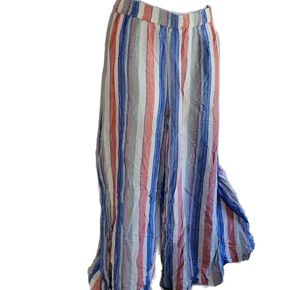 Chelsea & Theodore Striped Wide Leg Cropped Pants with Side Slit Size L 100 % Co